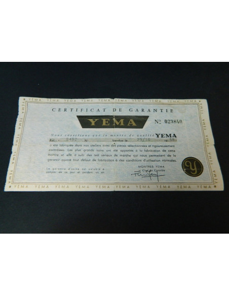 Yema Certificat de garantie 1958