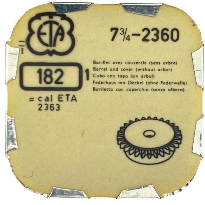 ETA 2360 - 182 barillet avec couvercle (sans arbre) (à l'unité) - Barrel and cover (without arbor) (per unit)