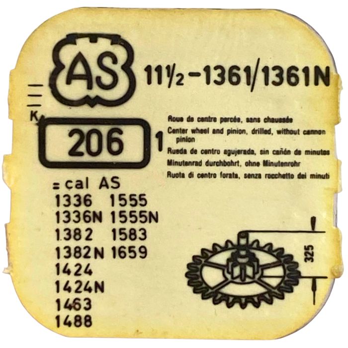 AS 1361/1361N - 206 Roue de centre percée sans chaussée (à l'unité) - Center wheel and pinion drilled without cannon pinion (per