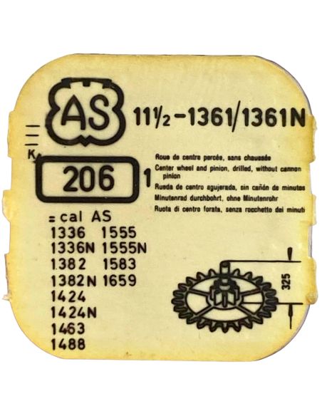AS 1361/1361N - 206 Roue de centre percée sans chaussée (à l'unité) - Center wheel and pinion drilled without cannon pinion (per