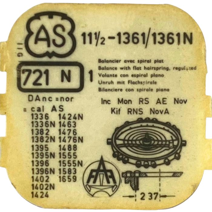 AS 1361/1361N - 721 Balancier avec spiral plat (à l'unité) - Balance with flat hairspring regulated (per unit)