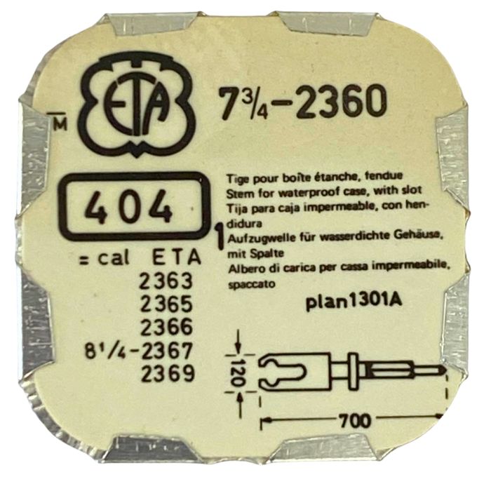 ETA 2360 - 404 Tige pour boite étanche (partie mouvement) (à l'unité) - Stem for waterproof case (movement portion) (per unit)