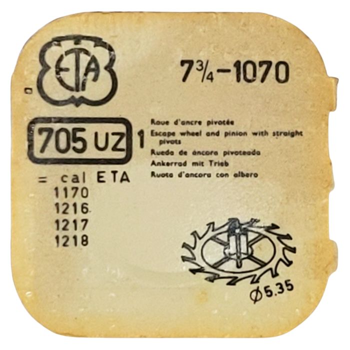 ETA 1070 - 705 Roue d'ancre pivotée (à l'unité) - Escape wheel and pinion with straight pivots (per unit)