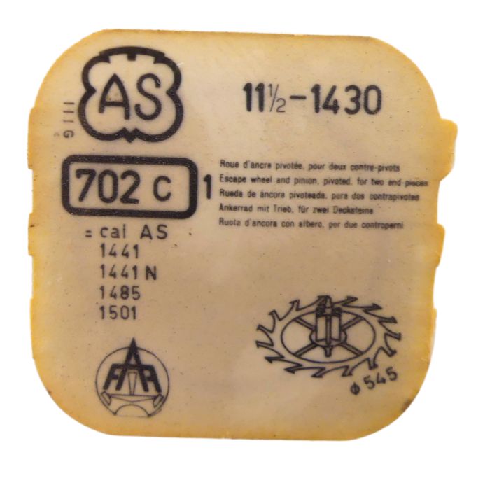 AS 1430 702 Roue d'ancre pivotée pour deux contre-pivots - Escape wheel and pinion pivoted for two end-pieces