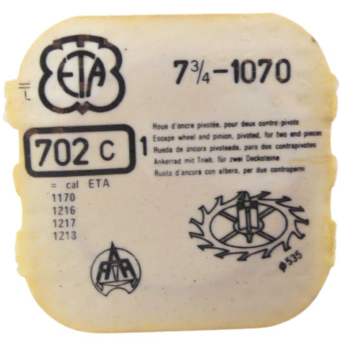 ETA 1070 702 Roue d'ancre pivotée pour deux contre-pivots - Escape wheel and pinion pivoted for two end-pieces