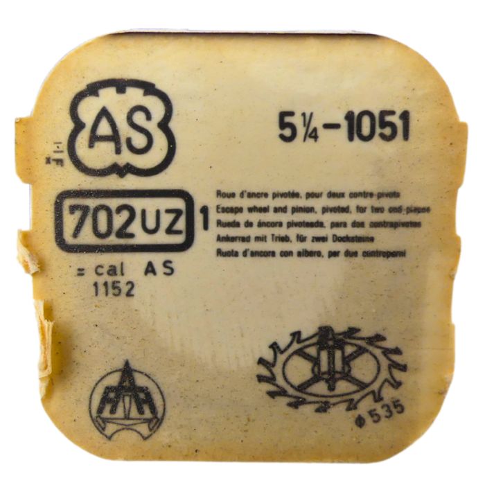 AS 1051 702 Roue d'ancre pivotée pour deux contre-pivots - Escape wheel and pinion pivoted for two end-pieces