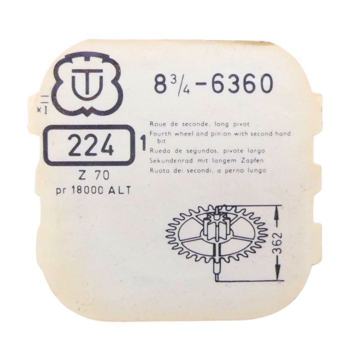 Unitas 6360 - 224 Roue de seconde long pivot - Fourth wheel and pinion with second hand bit