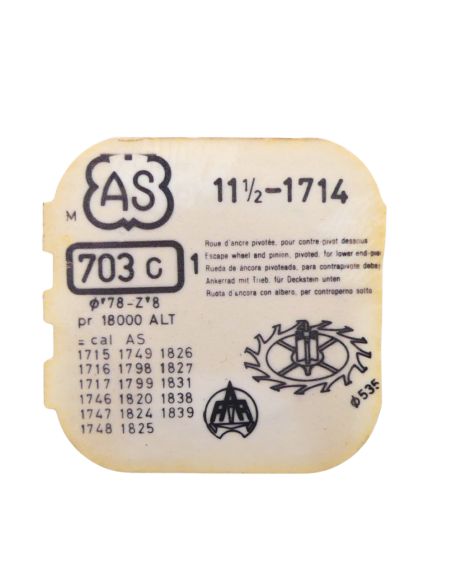 AS 1714 - 703 Roue d'ancre pivotée pour contre-pivot dessous (à l'unité) - Escape wheel and pinion pivoted for lower end-piece (