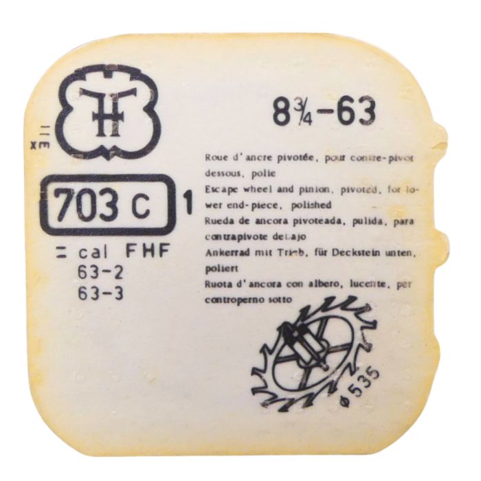 FHF 63 - 703 Roue d'ancre pivotée pour contre-pivot dessous (à l'unité) - Escape wheel and pinion pivoted for lower end-piece (p